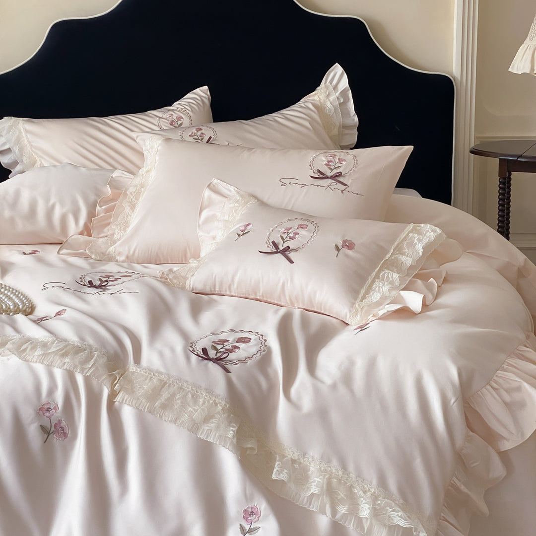 Bedding set made of cotton satin with frill ruffle, delicate flower embroidery and pillowcases