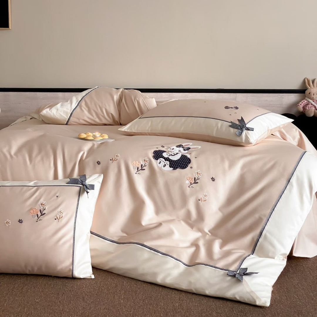 Children's Embroidered Bunny Appliqué Duvet Cover Set with Bow-Tie Corners
