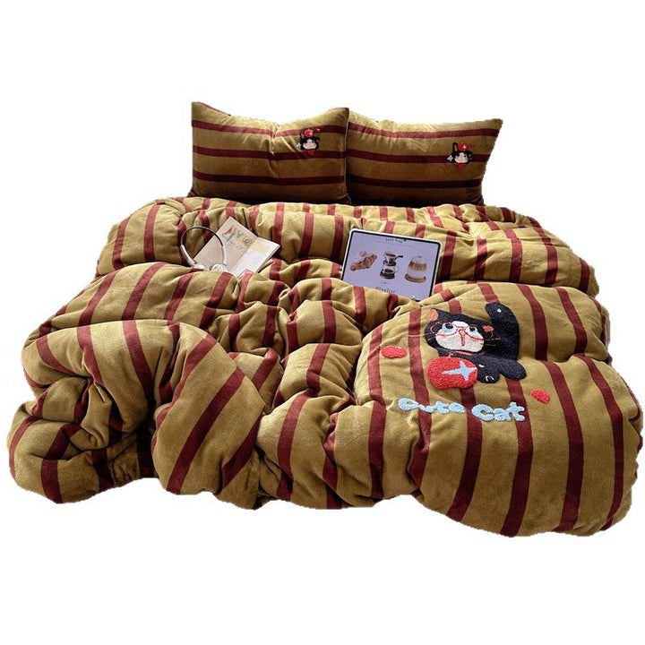 Plush Embroidered Cat Stripe Comforter Bedding Set