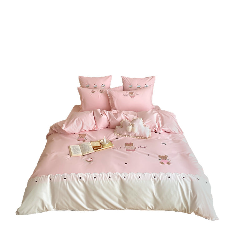 Children's Embroidered Teddy Cotton-Blend Duvet Cover Set with Scalloped Edge & Pom-Pom Cloud Pillow