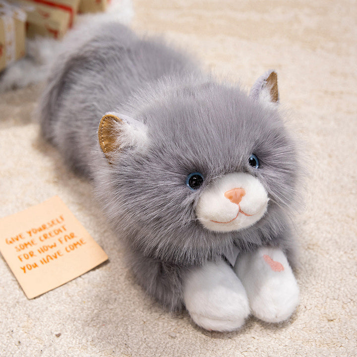 Lifelike Reclining Cat Plush Cuddle Pillow with Ultra-Soft Faux Fur and Embroidered Face Stornfield