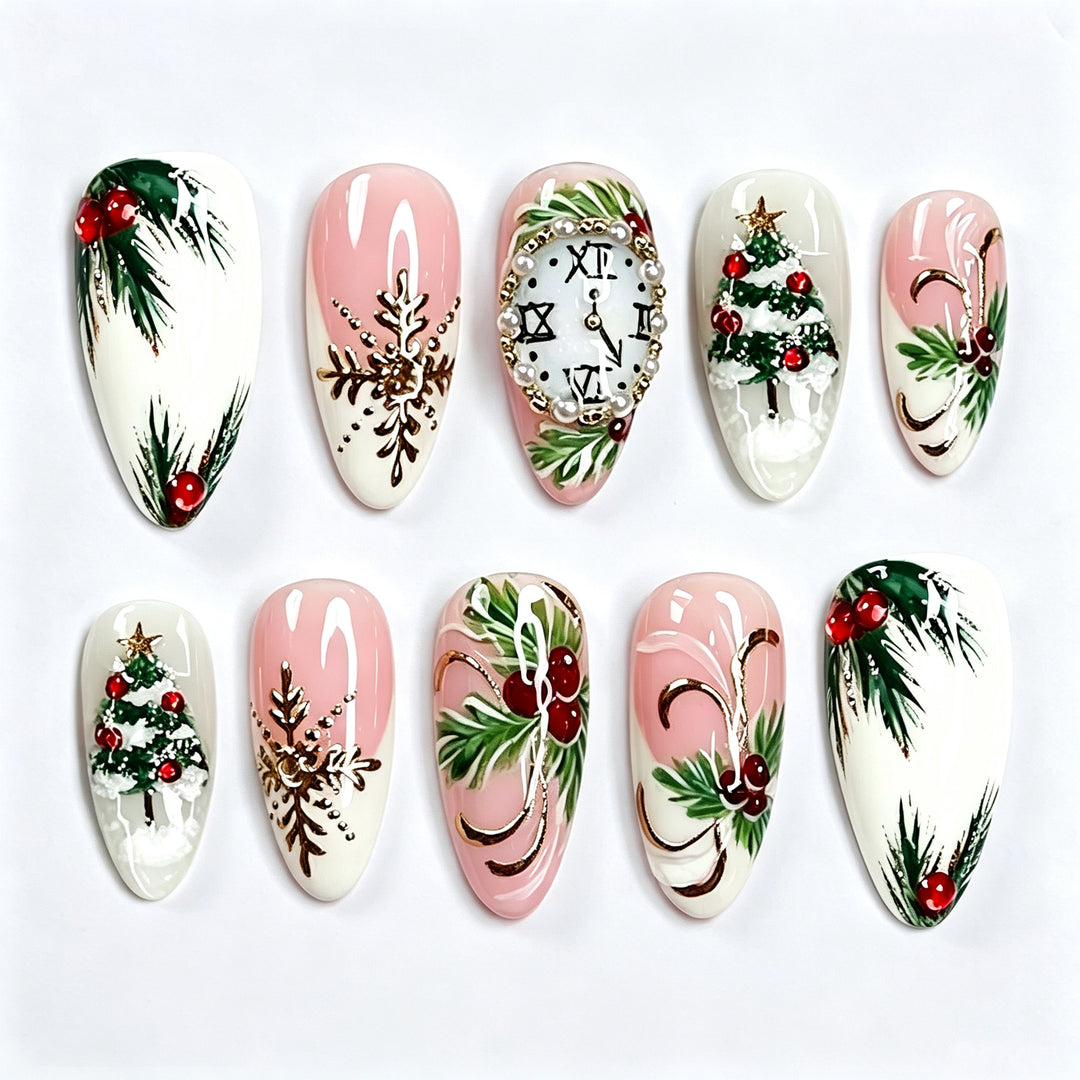 Festive Holiday-Themed Press-On Nail Art Set with Christmas Motifs Stornfield