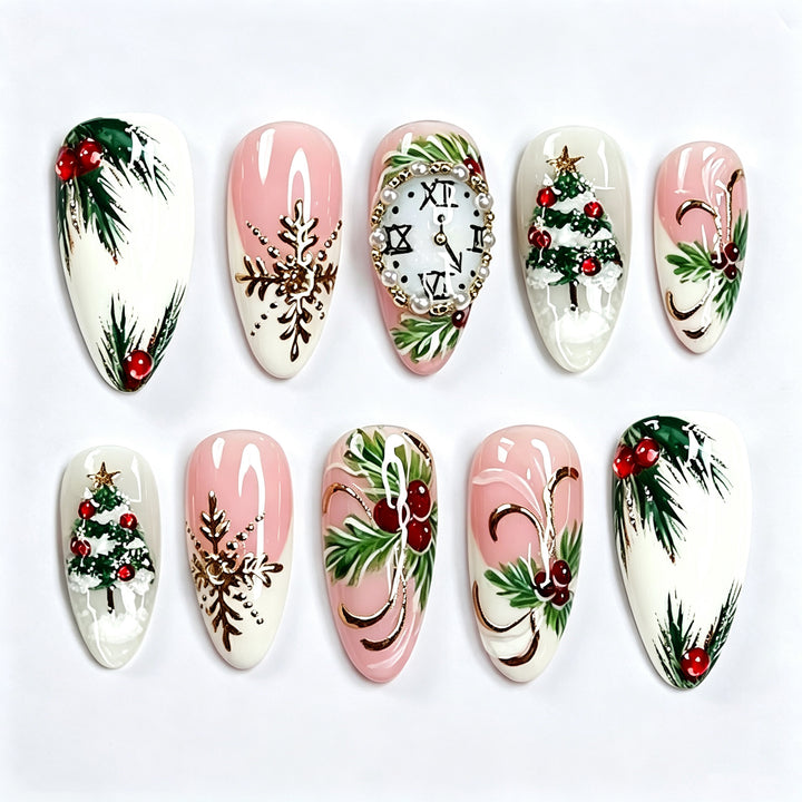 Festive Holiday-Themed Press-On Nail Art Set with Christmas Motifs Stornfield