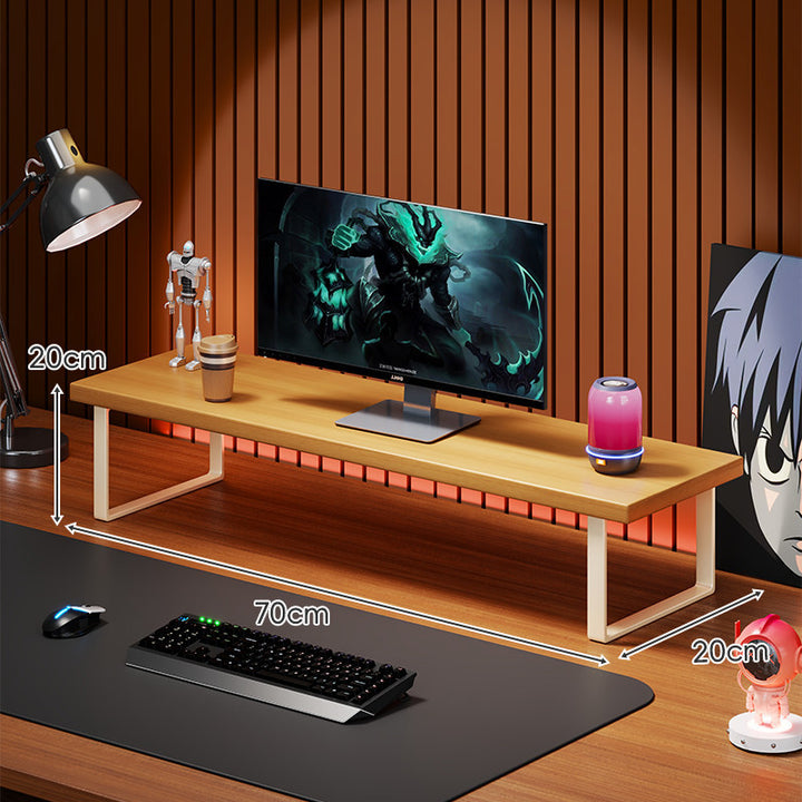 Solid Wood Monitor Riser with U-Frame Metal Legs and Hidden Under-Shelf Storage