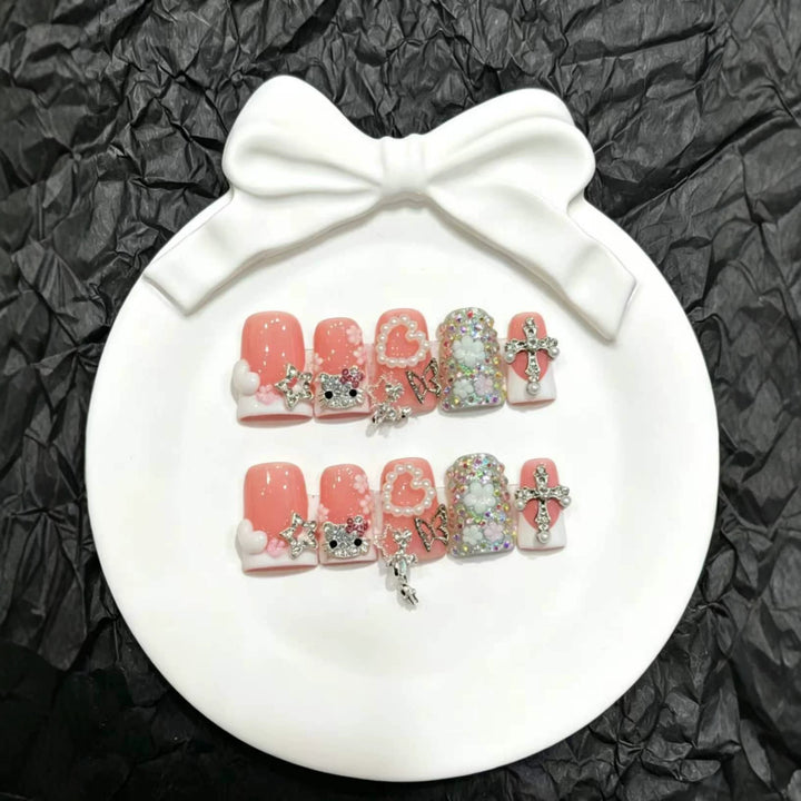 Decorative Press-On Nail Art Set with 3D Charms