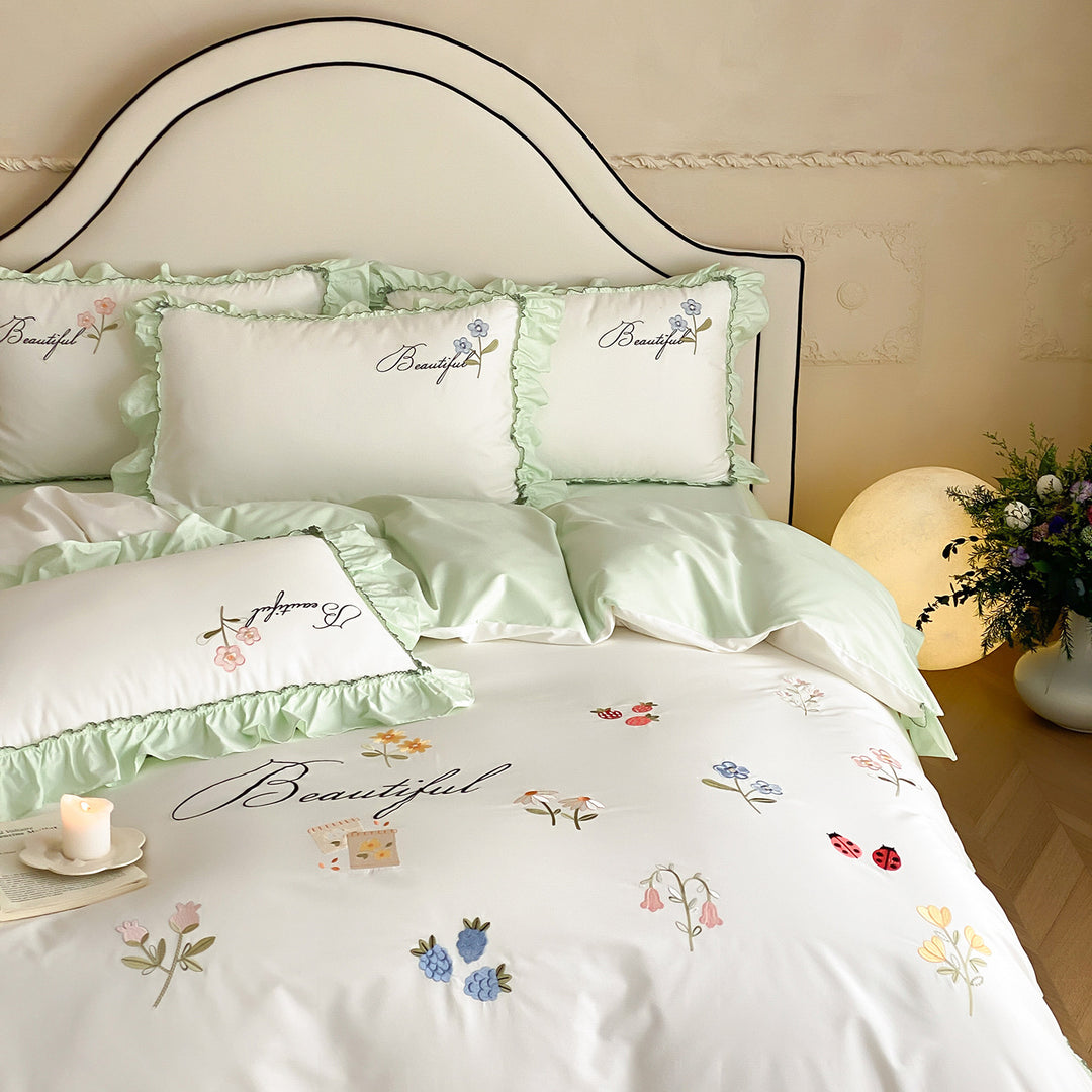 Ruffled Embroidered Cotton Sateen Duvet Cover Set with Floral Motifs