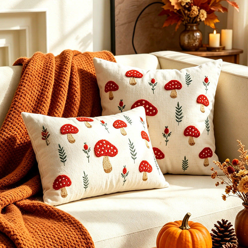 Square Embroidered Autumn Mushroom & Oak Leaf Textured Cotton-Linen Throw Pillow Cover with Hidden Zipper