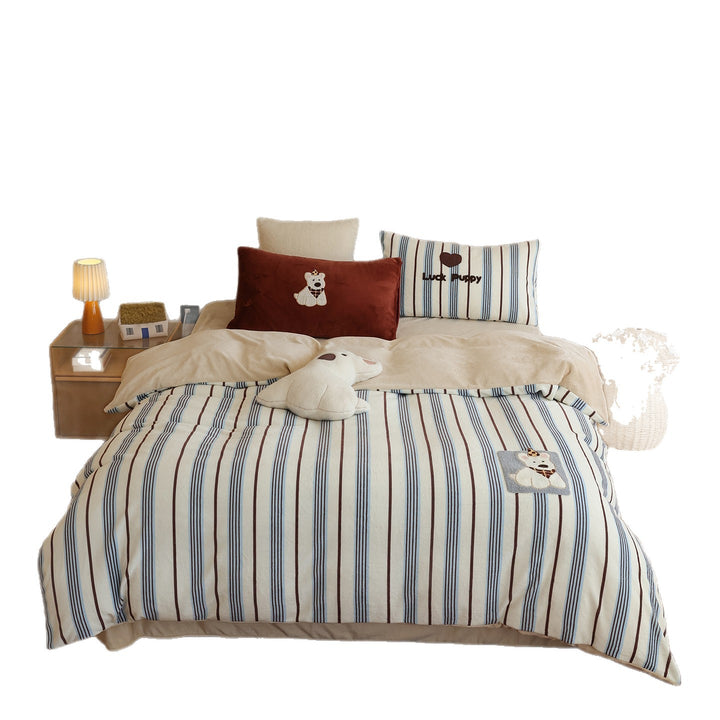 Striped Cotton Sateen Duvet Cover Set with Embroidered Puppy Applique & Pillow Shams