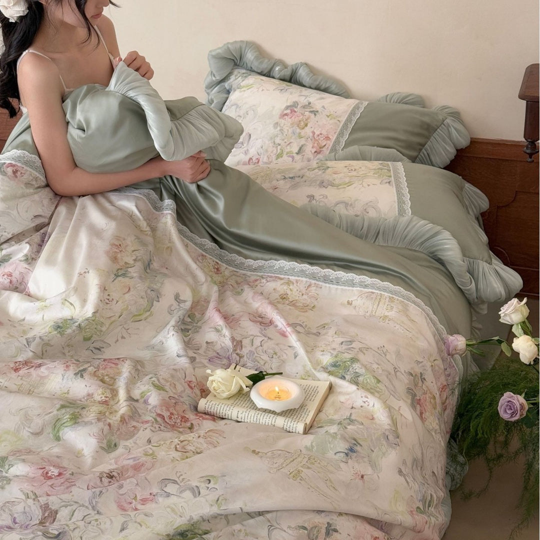 Bedding complete set with ruffle, lace applique, and floral watercolor print