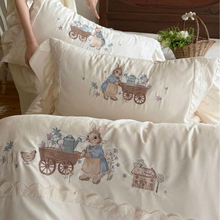 Reversible Embroidered Ruffled Cotton Duvet Cover Set with Bunny & Wagon Motif