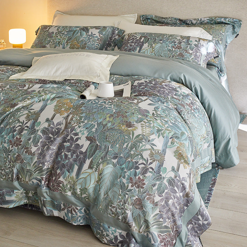 Designer Botanical Printed Sateen Duvet Cover Ensemble with Silk-Feel Border & Pillow Shams