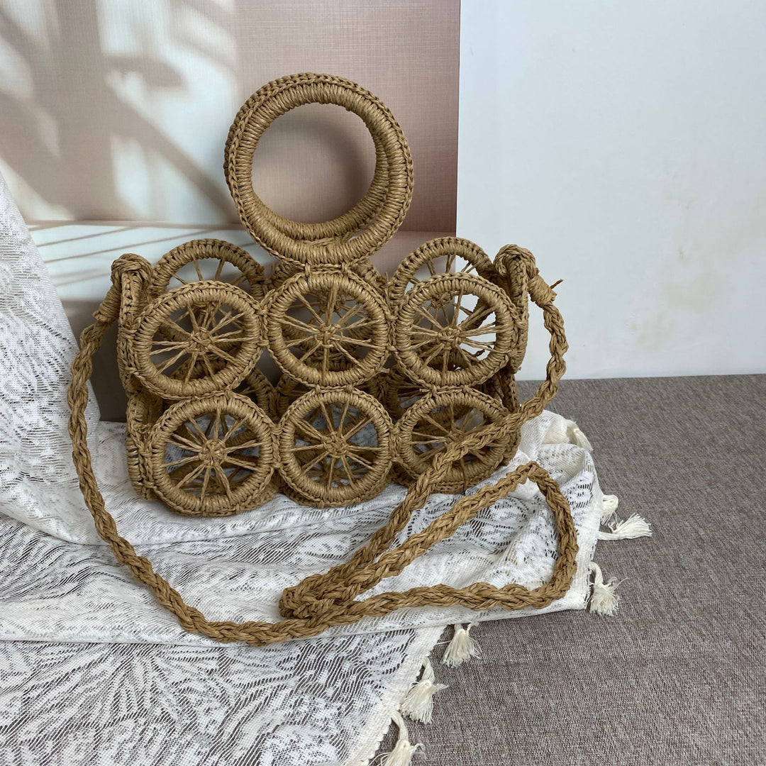 Artisan woven basket bag with striking wheel pattern Stornfield
