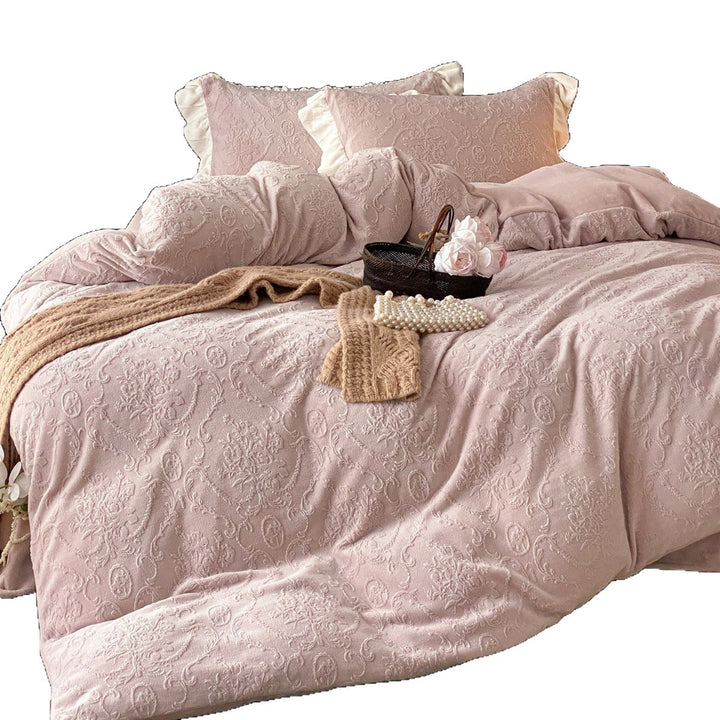 Embossed Floral Jacquard Duvet Cover Set with Ruffled Pillow Shams