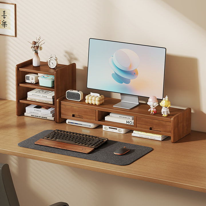 Solid Wood Monitor Riser and Desk Organizer with Dual-Level Shelf and Cable Management