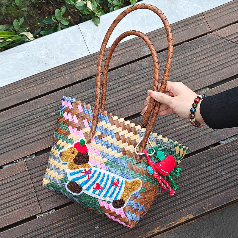 Handcrafted basket bag with colorful animal design Stornfield