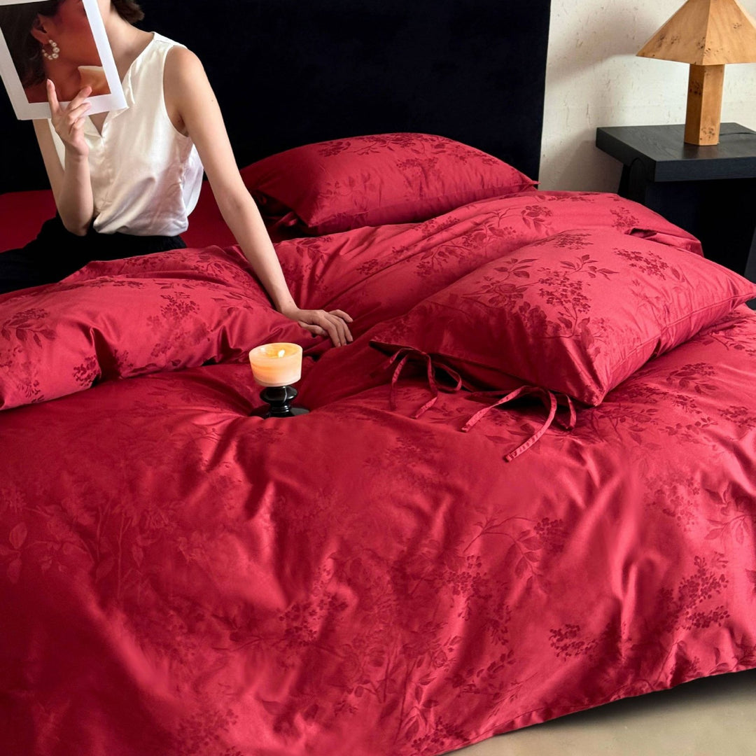 Luxurious jacquard bedding set with bow closures and floral relief