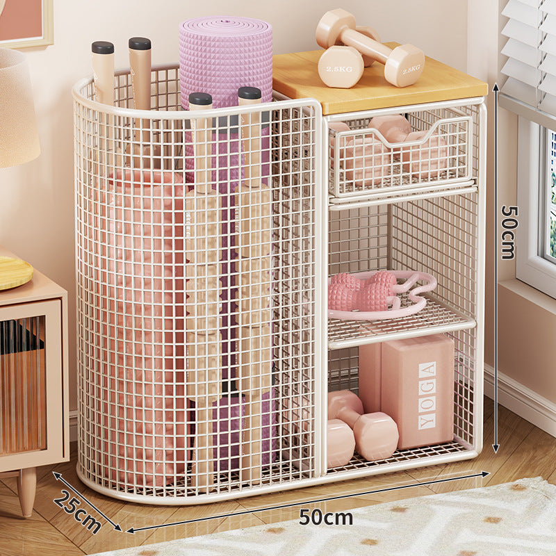 Mesh Rolling Fitness and Yoga Equipment Organizer Cart with Tall Curved Mat Compartment and Slide Drawer