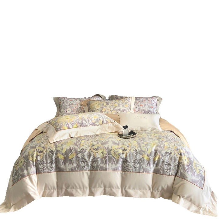Luxurious cotton satin bedding set with floral print, ruffled bed skirt, and pillowcases