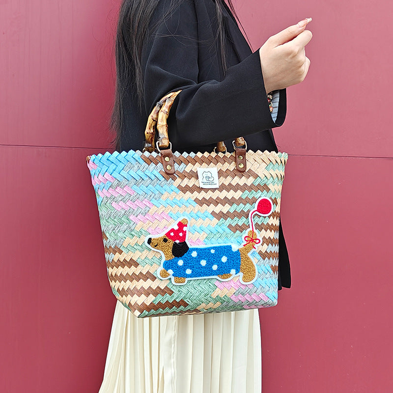 Handcrafted basket bag with colorful animal design Stornfield