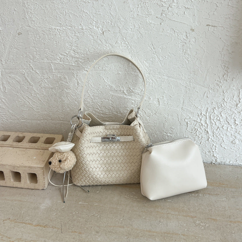 Woven Leather Bucket Tote Bag