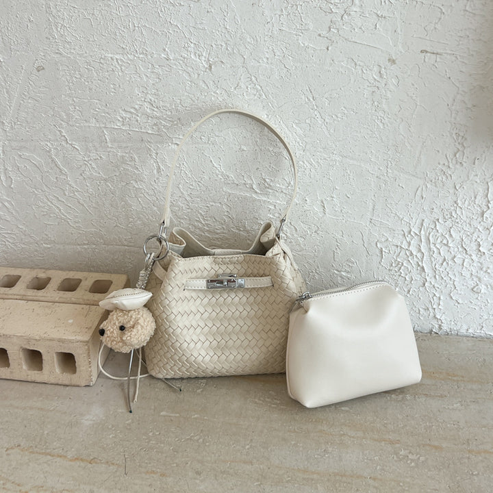 Woven Leather Bucket Tote Bag