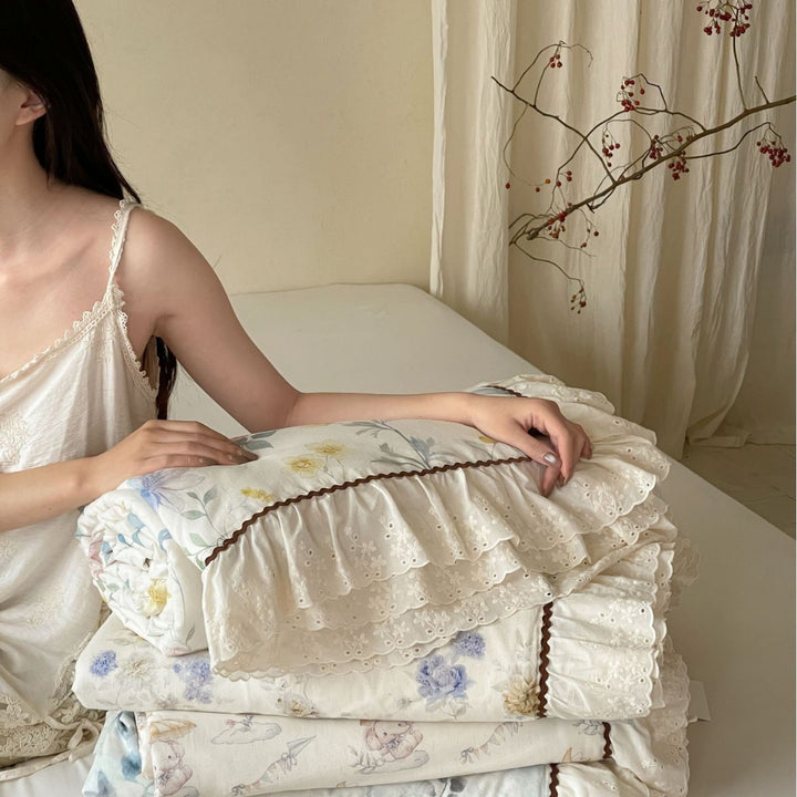 Ruffled Eyelet Floral Cotton Duvet Cover and Pillow Sham Set