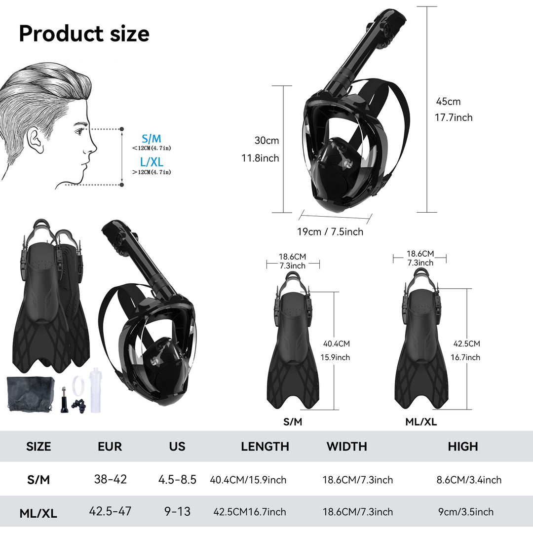 Snorkeling equipment with highly flexible fins and full face mask Stornfield