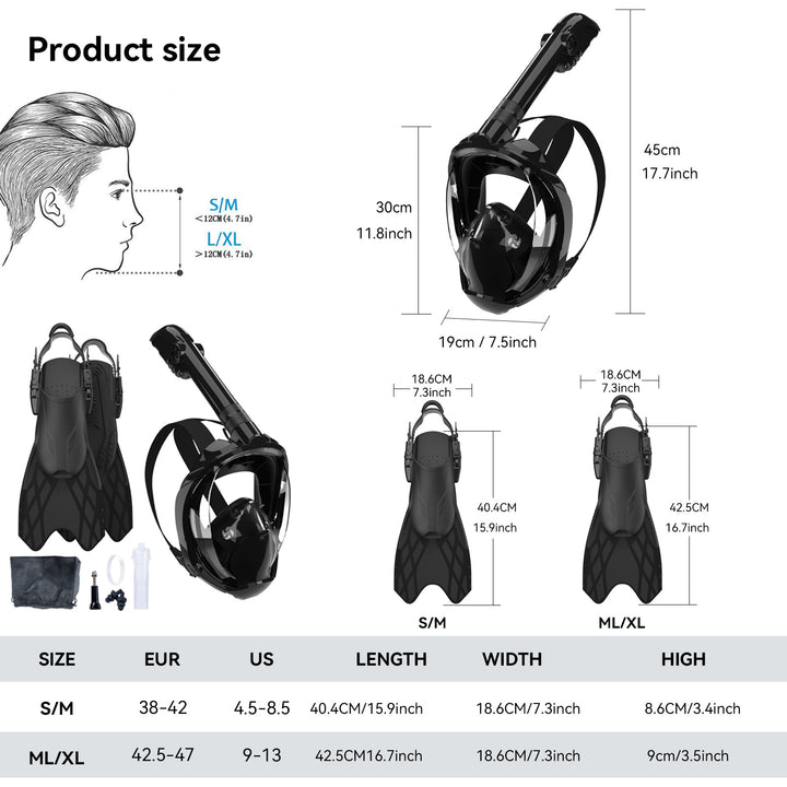 Snorkeling equipment with highly flexible fins and full face mask Stornfield