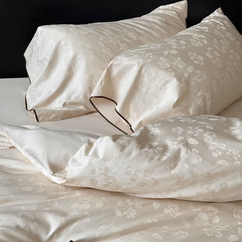 Subtle Floral Jacquard Duvet Cover Set with Piped Oxford Shams & Hidden Zipper
