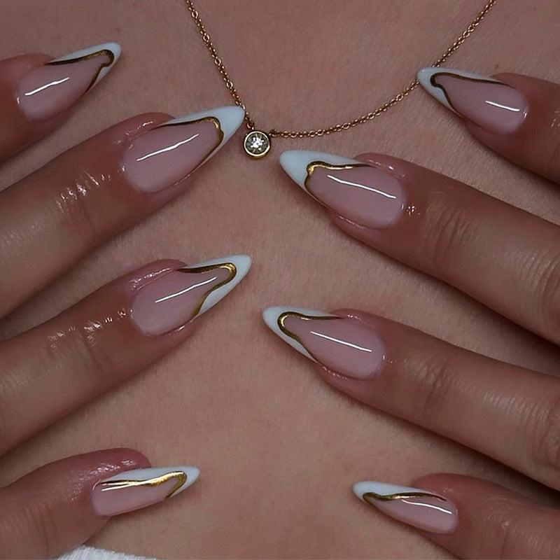 Artificial nail set with elegant French design and gold accents Stornfield