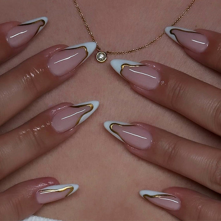 Artificial nail set with elegant French design and gold accents Stornfield