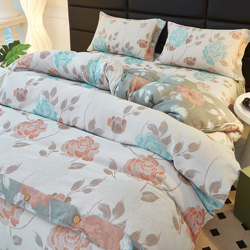 Reversible Cotton Floral Duvet Cover Set with Button Closure & Matching Pillow Shams