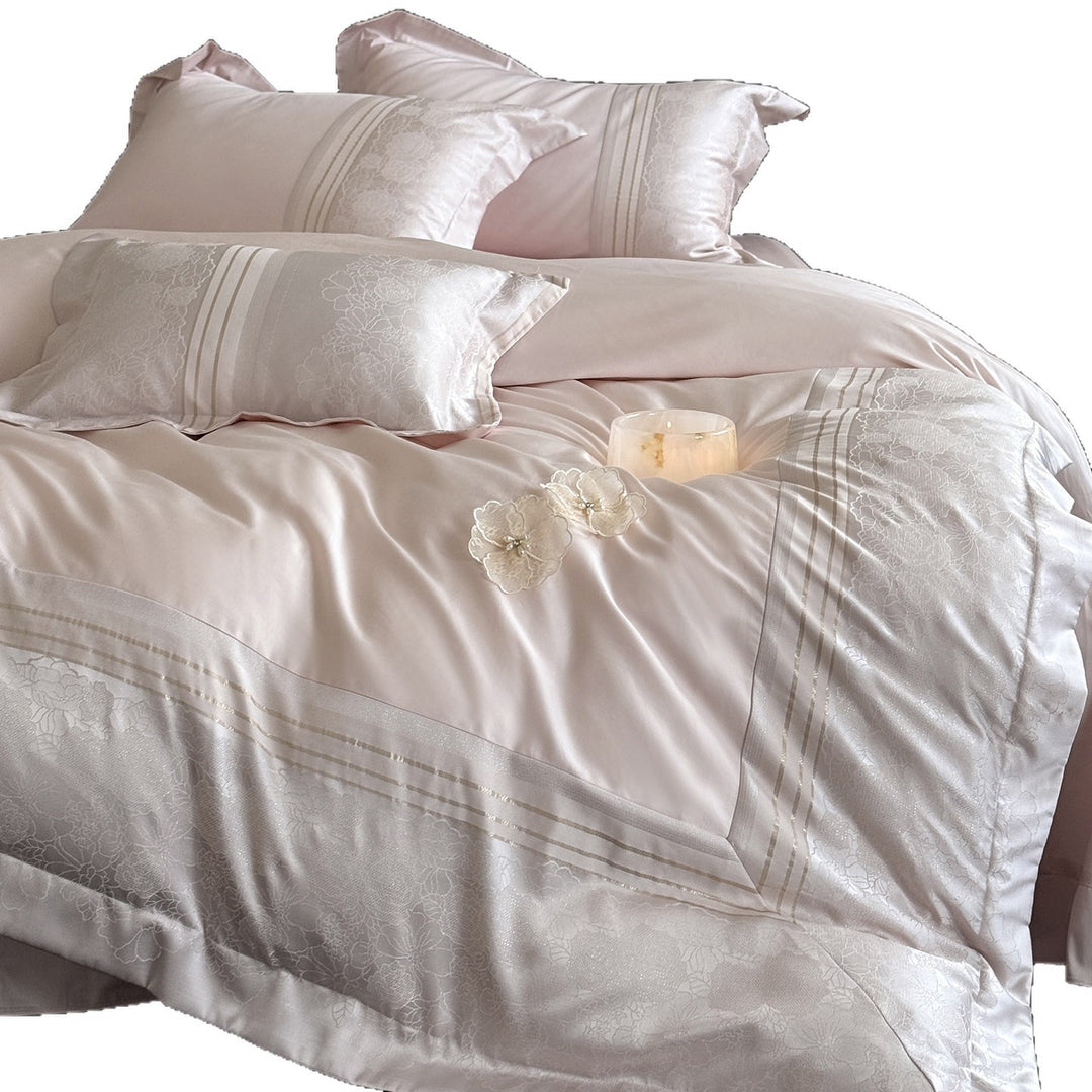Luxury Jacquard Sateen Duvet Cover Set with Embroidered Floral Trim