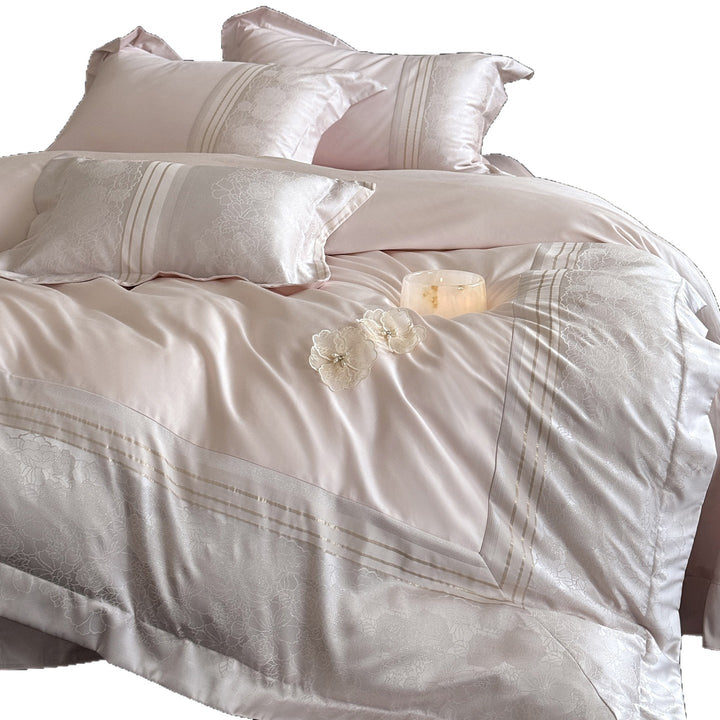 Luxury Jacquard Sateen Duvet Cover Set with Embroidered Floral Trim