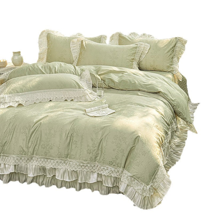 Ruffled Lace-Trim Jacquard Floral Duvet Cover Set with Quilted Bed Skirt and Pillow Shams