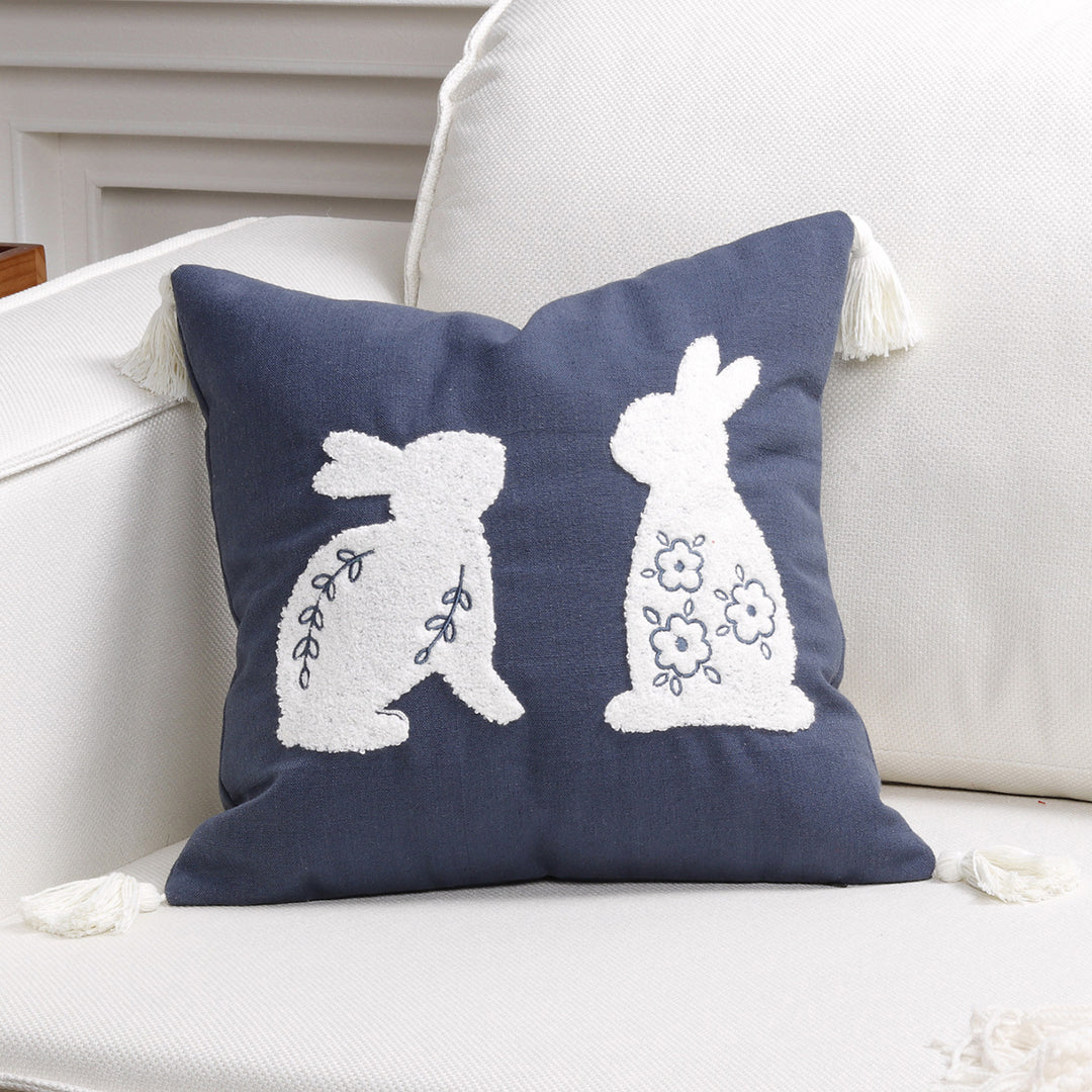 Embroidered Bunny Appliqué Tassel Lumbar Pillow Cover