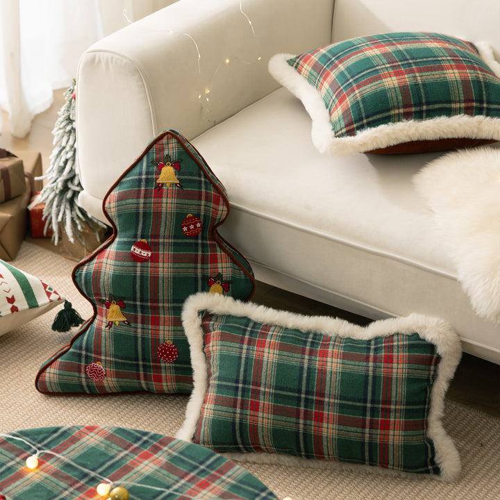 Christmas tree-shaped decorative pillow made of checked flannel with embroidered appliqués Stornfield