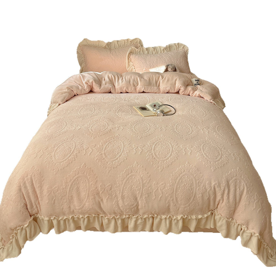 Plush Ruffled Embossed Velvet Comforter Set with Layered Frill Shams