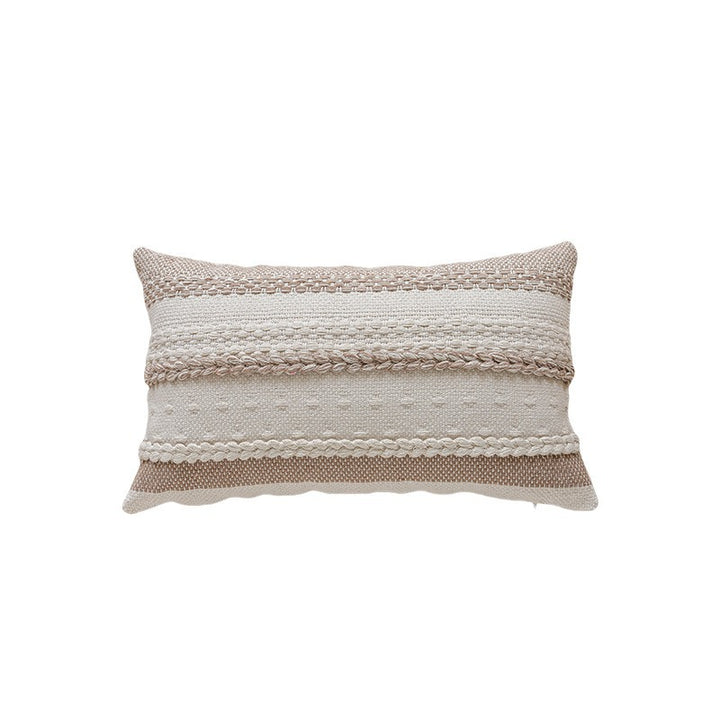 Woven Cotton Textured Lumbar Throw Pillow Cover with Braided Stripe Embellishments