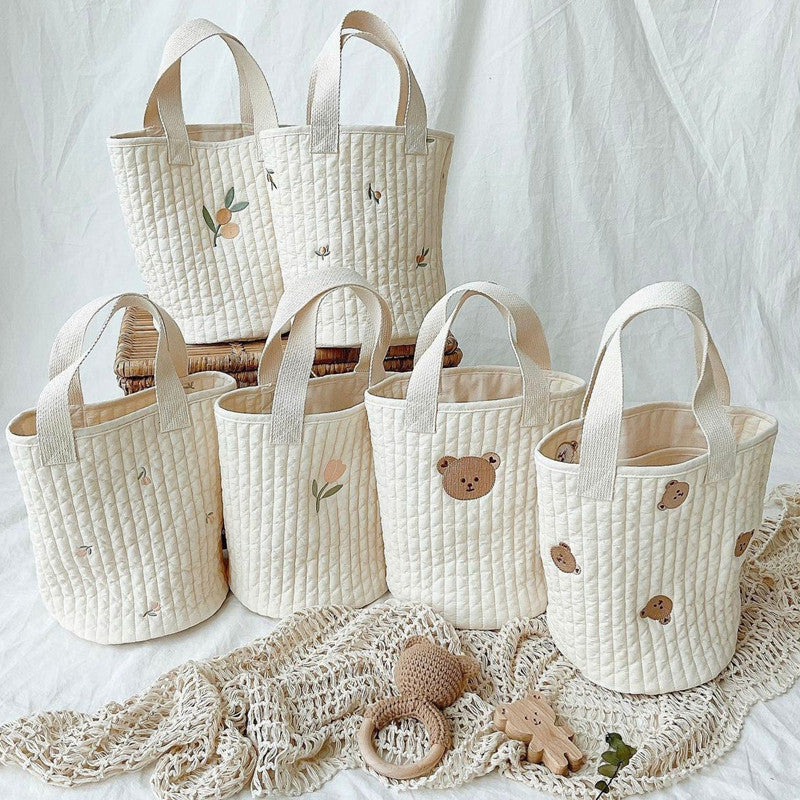 Quilted Cotton Tote Bag with Embroidered Tiger Applique and Reinforced Webbing Handles