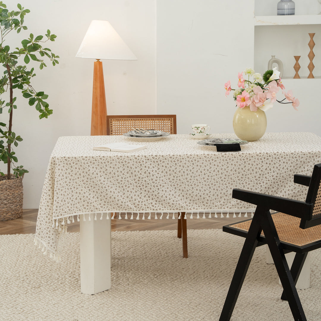 Rectangular tablecloth with floral Millefleurs print and cotton tassels Stornfield