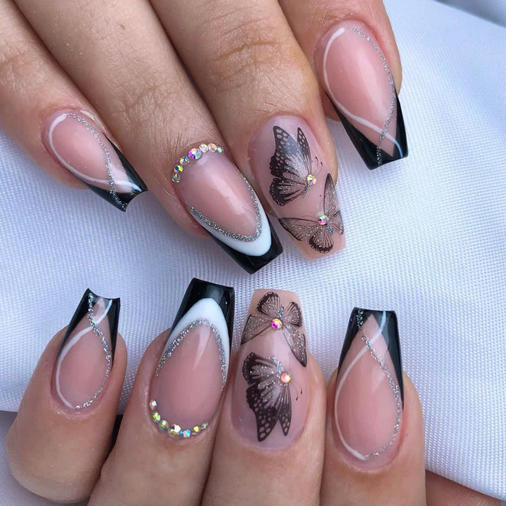 Artistic Long-Stiletto Press-On Nail Art with Butterfly Design Stornfield
