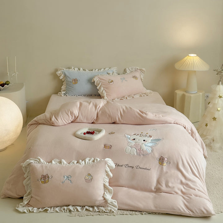 Princess Bunny Embroidered Ruffled Velvet Comforter Duvet Set