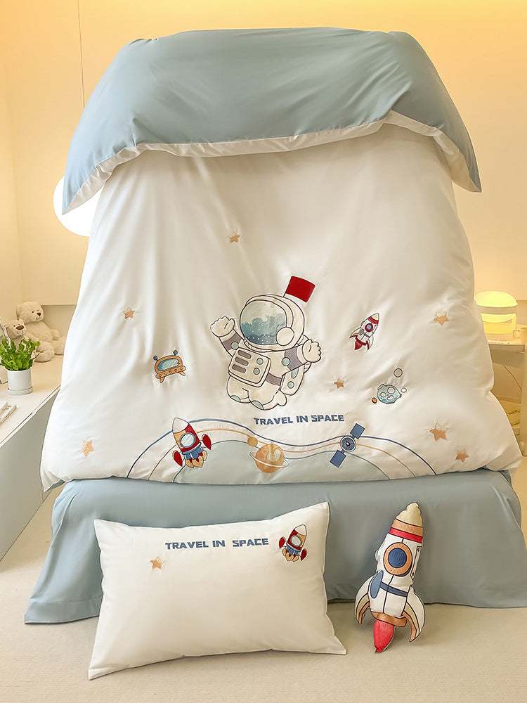 Children's Space-Themed Cotton Sateen Duvet Cover Bedding Set with Embroidered Astronaut & Rocket Motifs