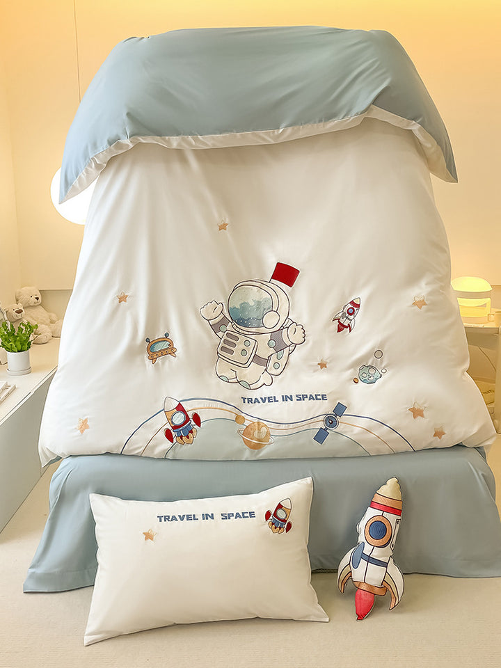 Children's Space-Themed Cotton Sateen Duvet Cover Bedding Set with Embroidered Astronaut & Rocket Motifs