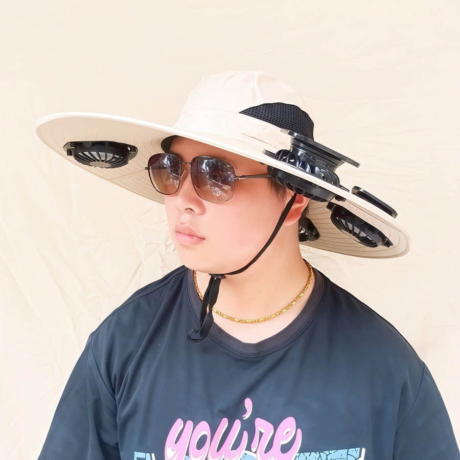 Wide-brimmed sun hat with detachable swivel solar fans and adjustable chin strap Stornfield