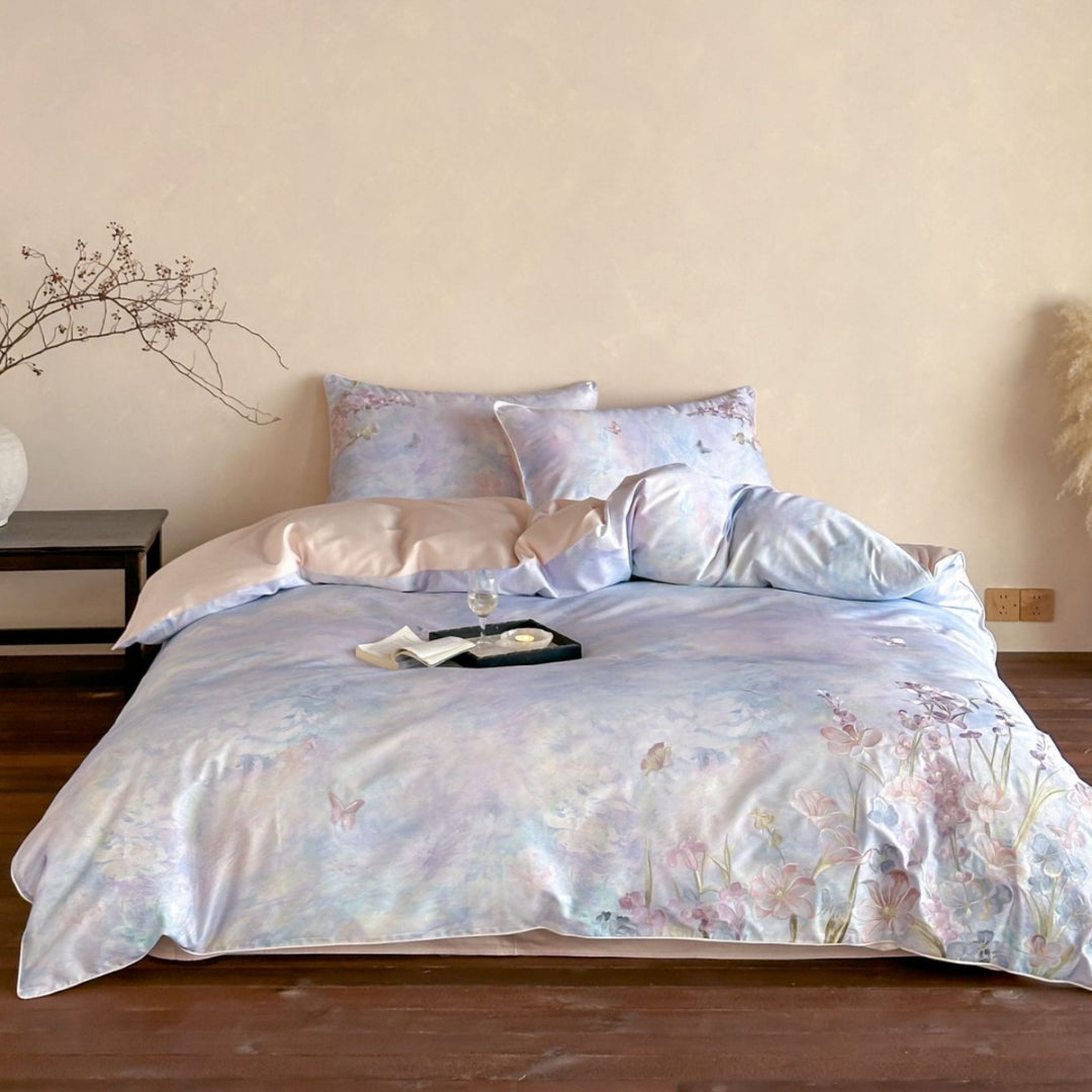 Watercolor Floral Cotton Sateen Duvet Cover Set with Reversible Solid Back and Euro Shams