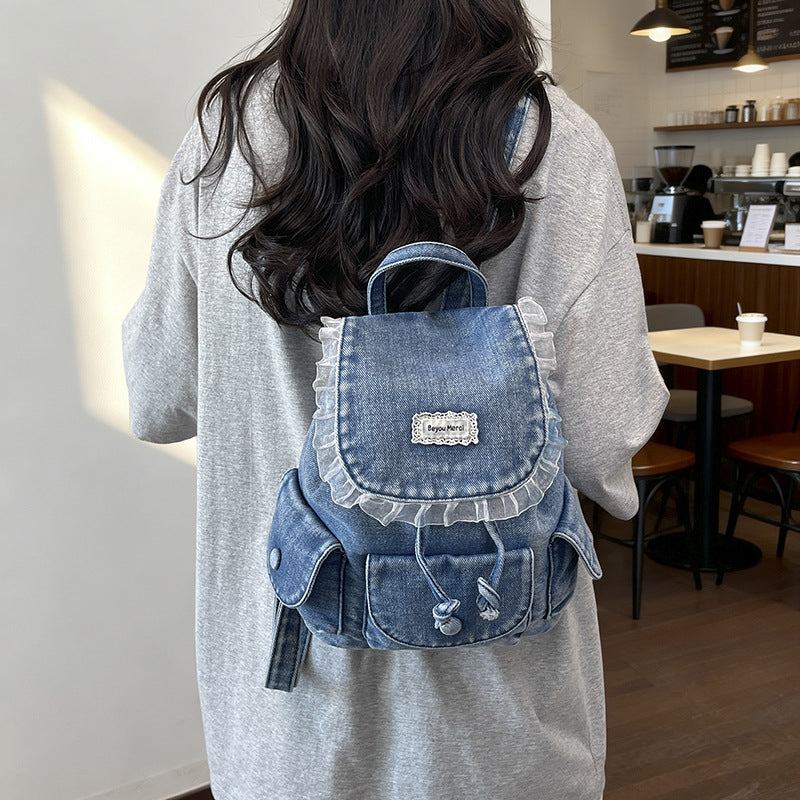 Vintage-Inspired Ruffled Denim Backpack