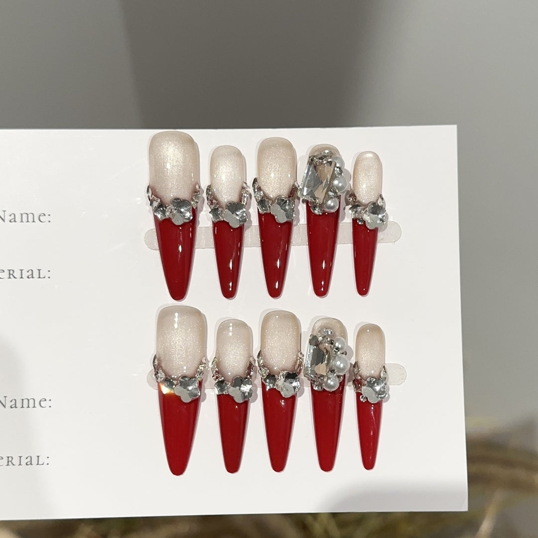 Decorative Stiletto Press-On Nail Set with Crystal Accents