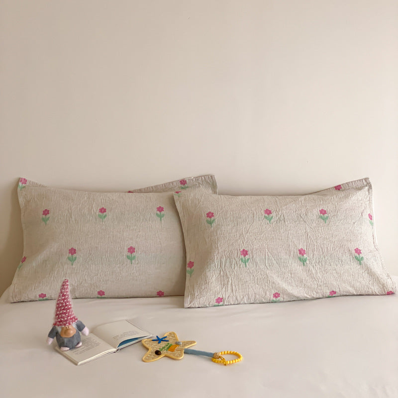 Quilted Cotton Pillowcase Pair with Embroidered Lamb Motif and Soft Crinkle Texture